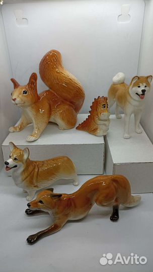 Фарфоровые статуэтки лиса, белка и др