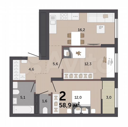 2-к. квартира, 58,9 м², 10/17 эт.