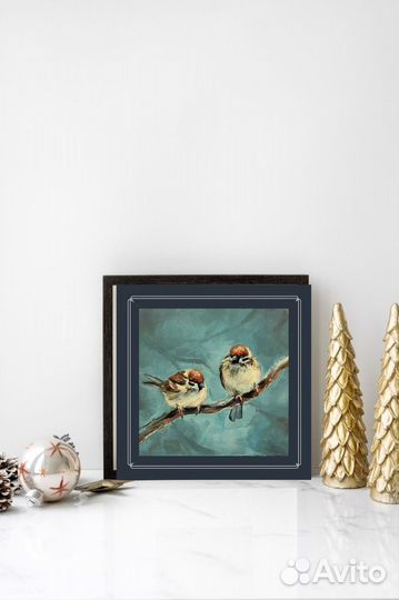 Картина маслом с птицами.Воробушки.20х20 см