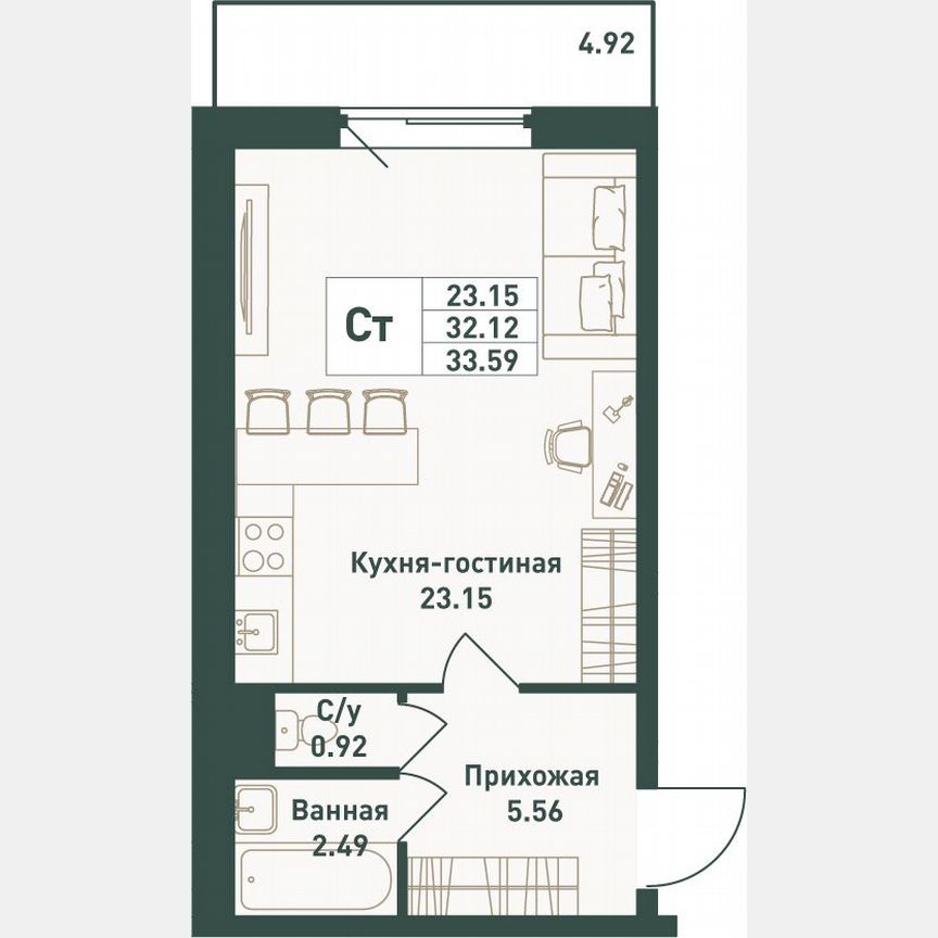 Квартира-студия, 33,6 м², 13/16 эт.
