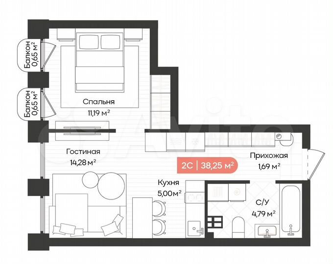 Квартира-студия, 38,3 м², 4/20 эт.