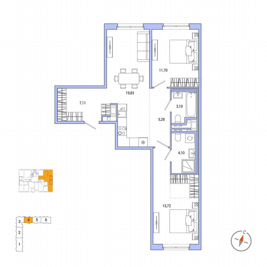 2-к. квартира, 66,8 м², 1/7 эт.