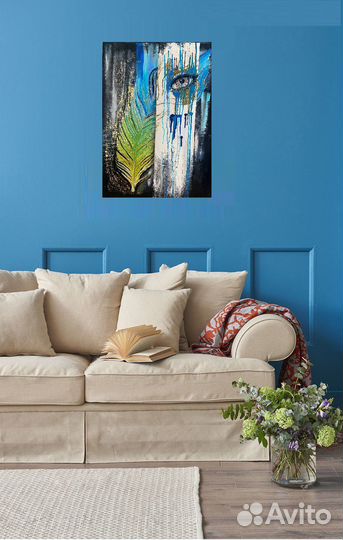 Картина Перо Павлина маслом на холсте ручная работ