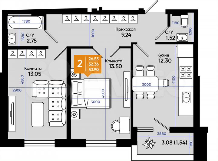 2-к. квартира, 52,9 м², 8/9 эт.