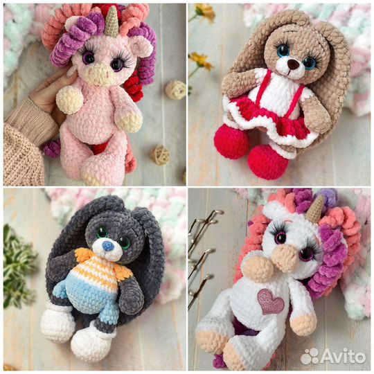 Плюшевые игрушки, вязаные. Зайка, единорог