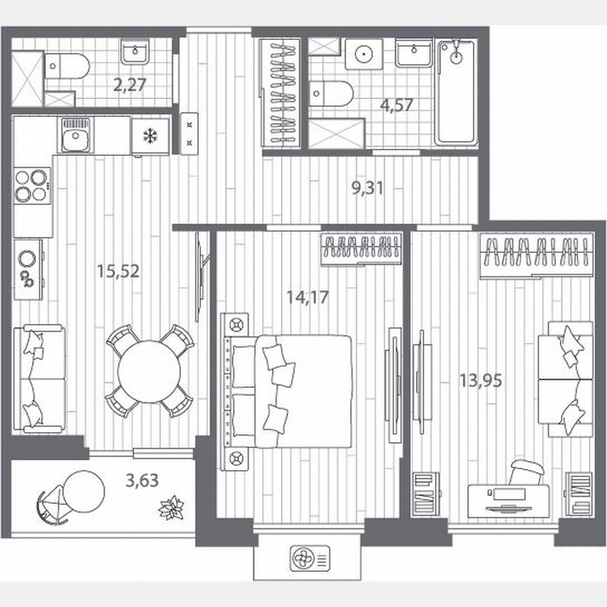 2-к. квартира, 61,6 м², 12/13 эт.