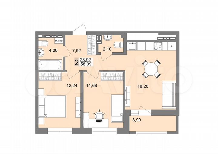 2-к. квартира, 58,1 м², 24/26 эт.