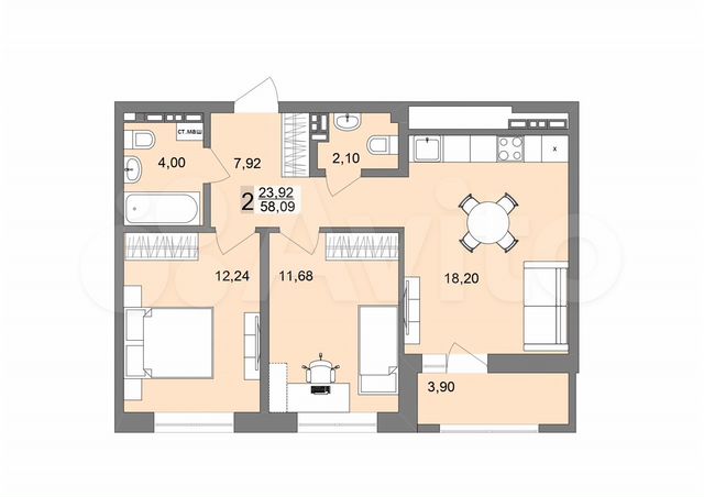 2-к. квартира, 58,1 м², 24/26 эт.
