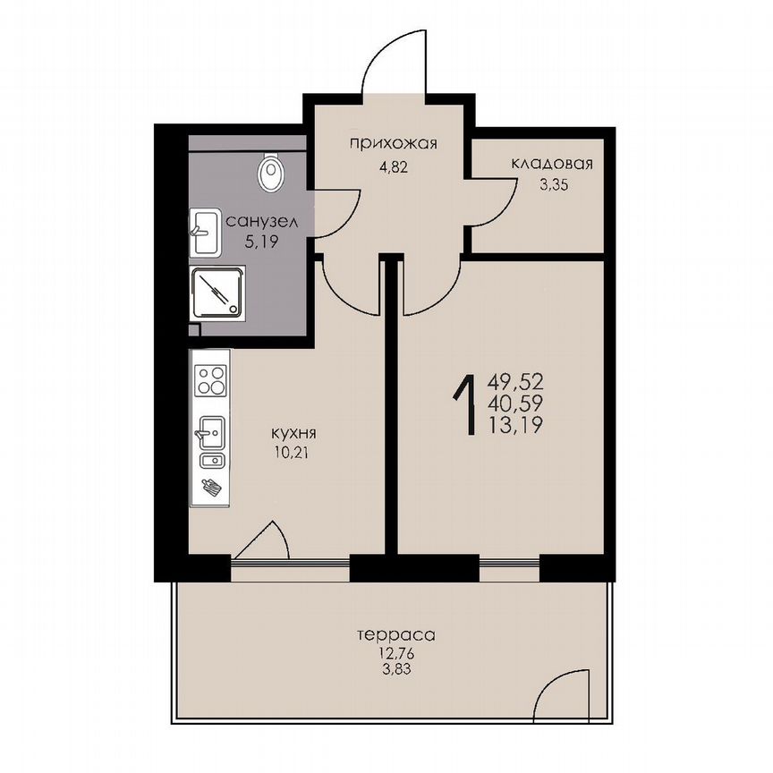 1-к. апартаменты, 49,2 м², 1/6 эт.