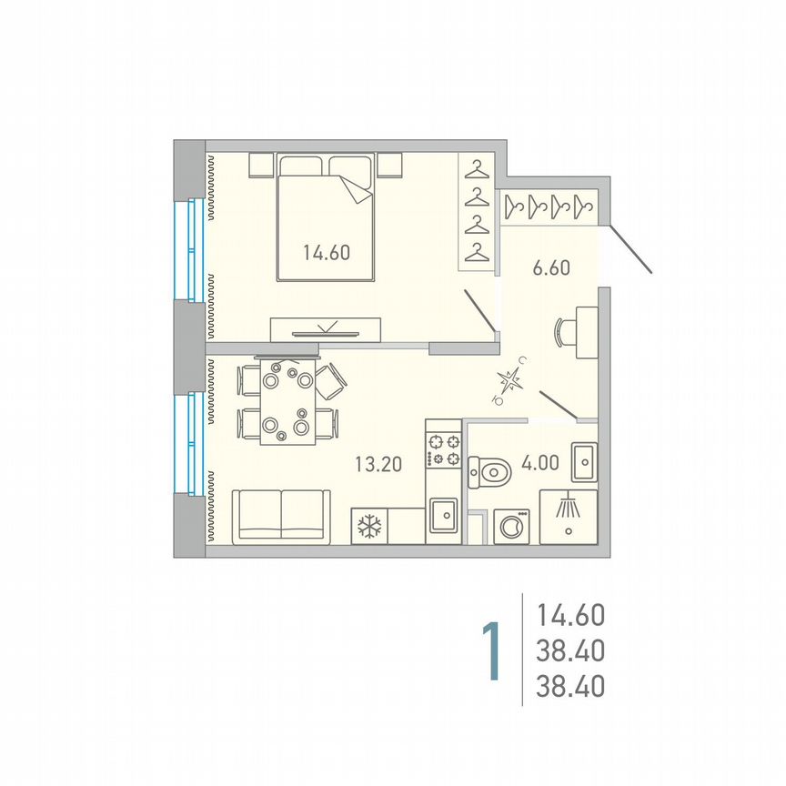 1-к. квартира, 38,4 м², 2/17 эт.
