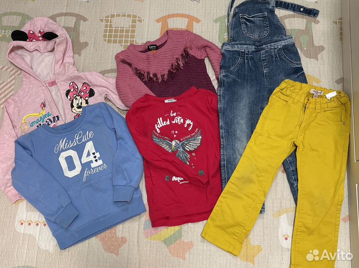 Джинсовый комбинезон, брюки, свитер 98