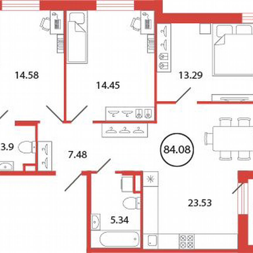 3-к. квартира, 84,1 м², 2/12 эт.