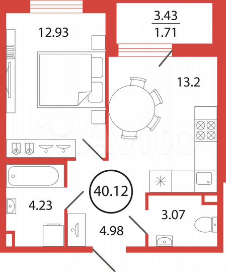 1-к. квартира, 40,1 м², 9/12 эт.