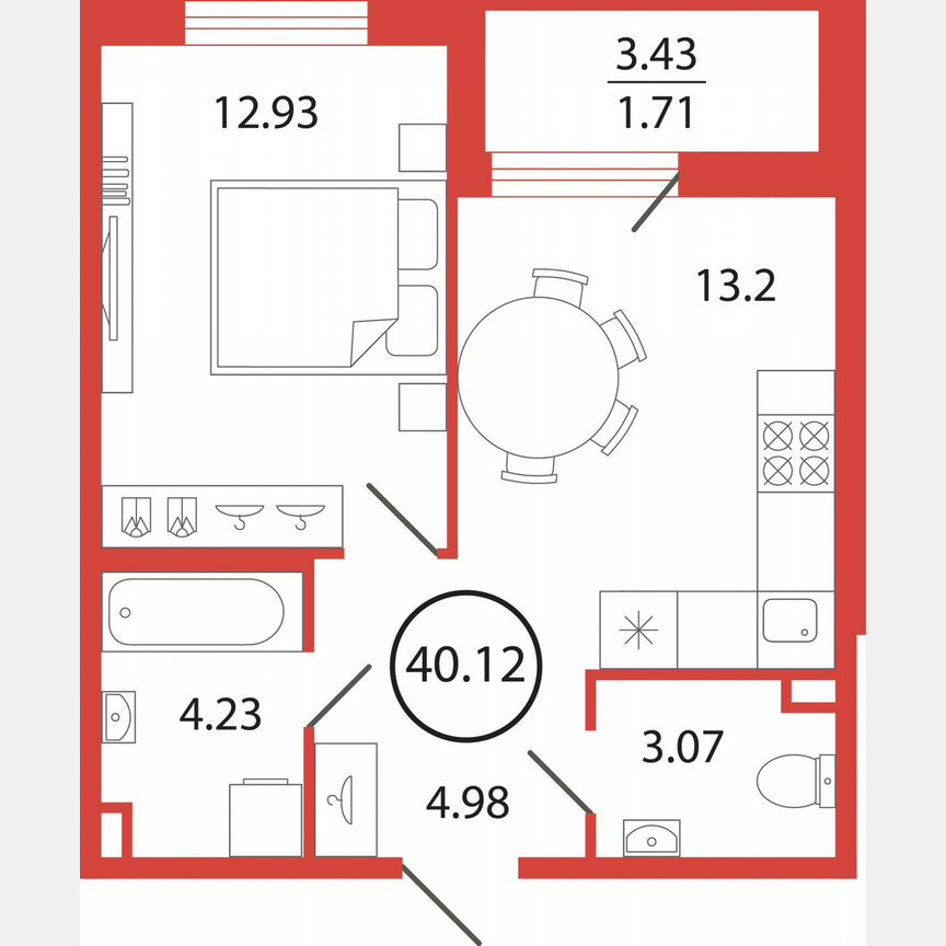 1-к. квартира, 40,1 м², 9/12 эт.