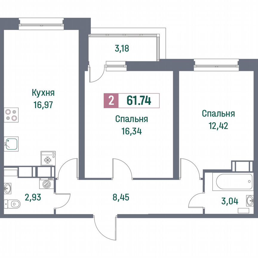 2-к. квартира, 61,7 м², 12/16 эт.