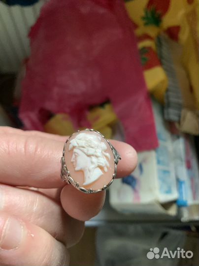 Кольцо серебро 875 голова камея раковина СССР