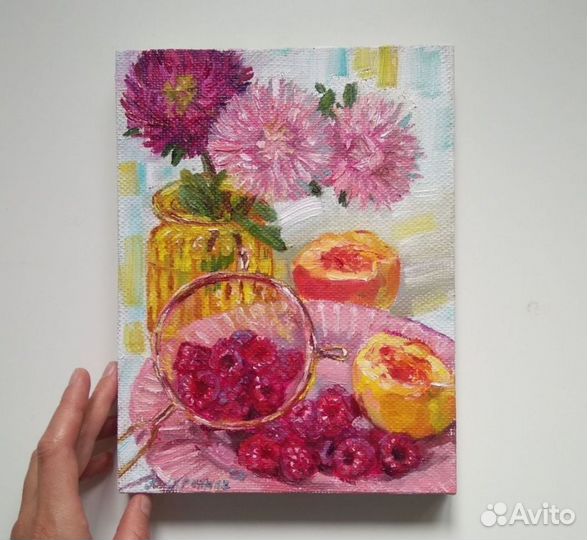 Картина маслом с цветами и фруктами натюрморт