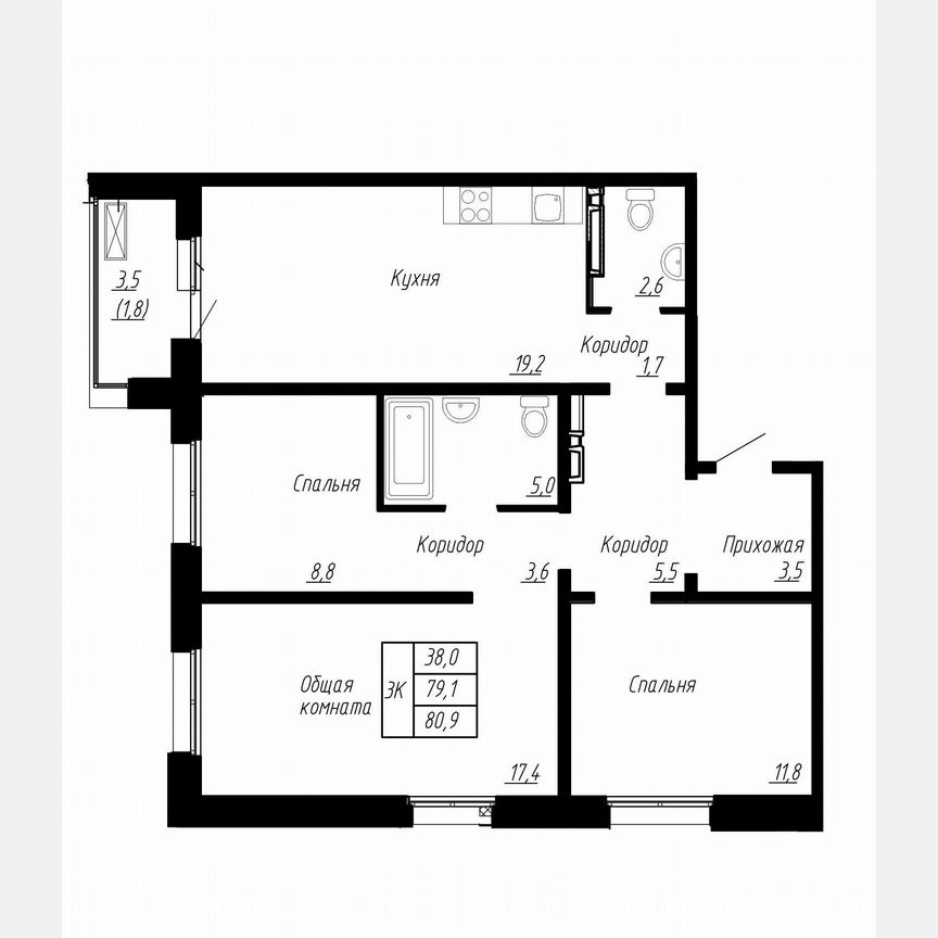 3-к. квартира, 80,9 м², 15/17 эт.