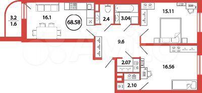 2-к. квартира, 68,6 м², 1/12 эт.