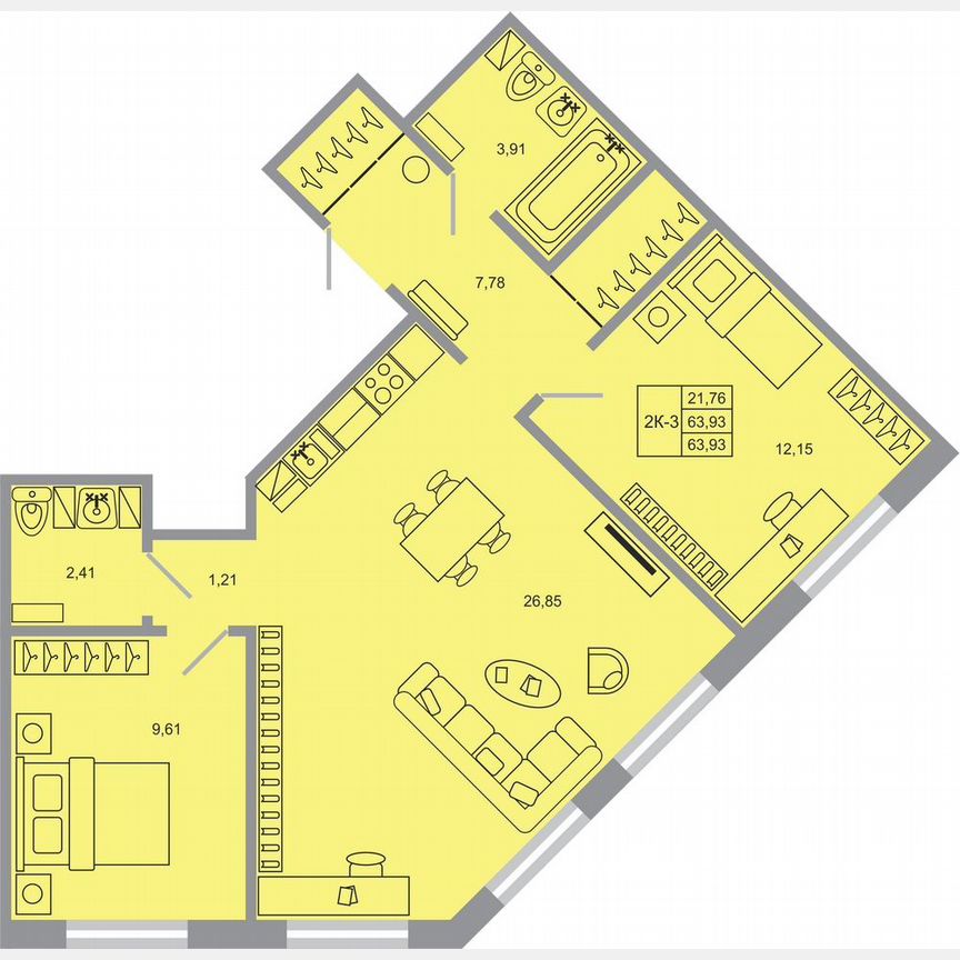 2-к. квартира, 63,9 м², 2/17 эт.