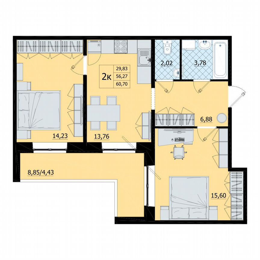 2-к. квартира, 60,7 м², 3/9 эт.
