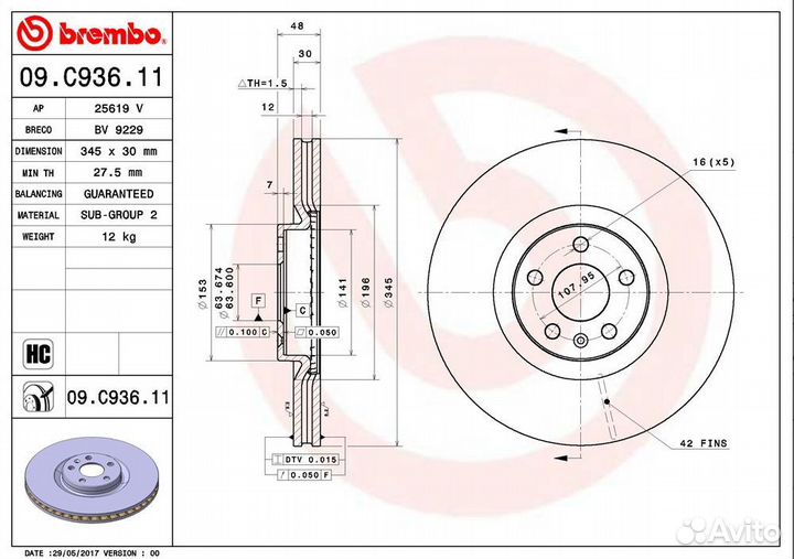 Brembo, 09.C936.11, Диск тормозной volvo S90/V90 16- перед. D245мм