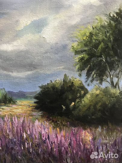 Картина пейзаж маслом на холсте лавандовая гроза