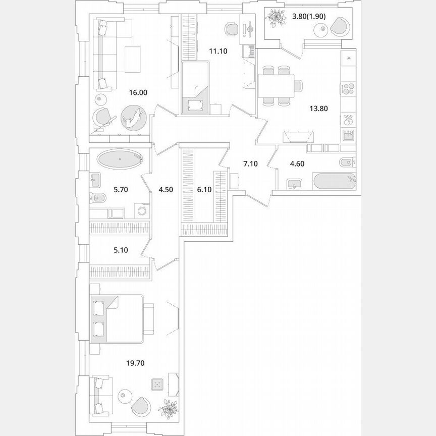 3-к. квартира, 95,6 м², 5/13 эт.