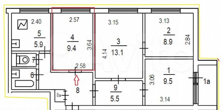 Комната 9,4 м² в 4-к., 9/9 эт.