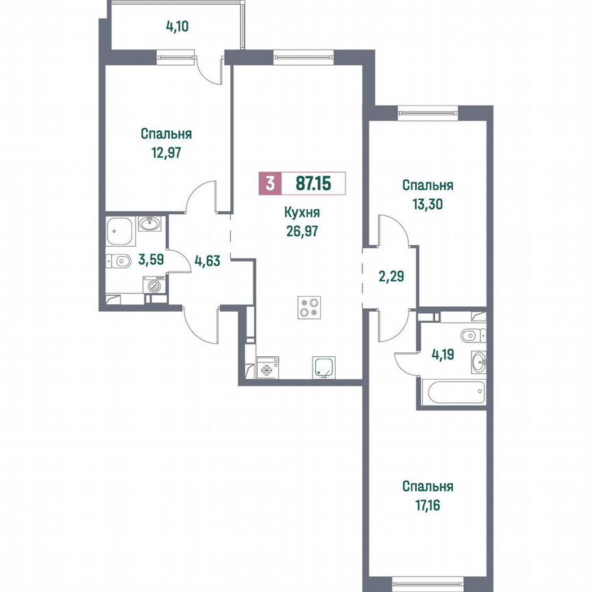 3-к. квартира, 87,2 м², 6/16 эт.