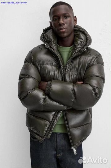 Пуховик Zara x Moncler Глянцевый Хаки (Арт.96582)