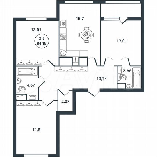 3-к. квартира, 84,2 м², 11/17 эт.