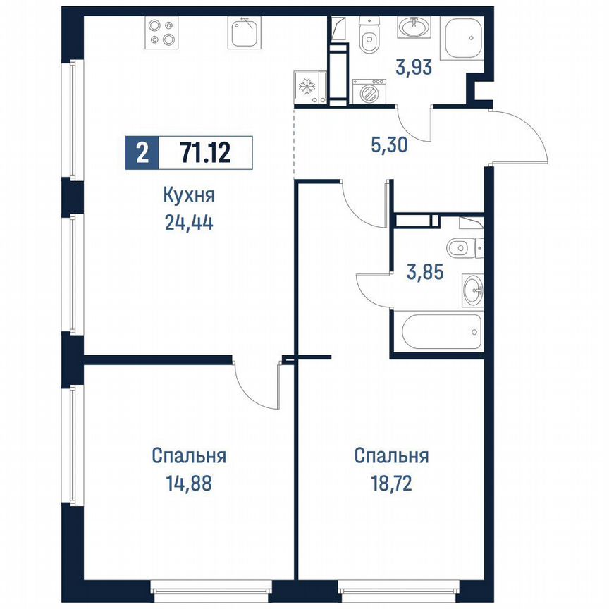 2-к. квартира, 71,1 м², 14/18 эт.