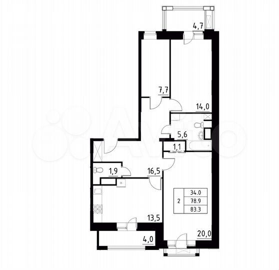 2-к. квартира, 83,3 м², 3/9 эт.