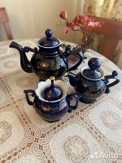 Чайный сервиз синий кобальт с позолотой