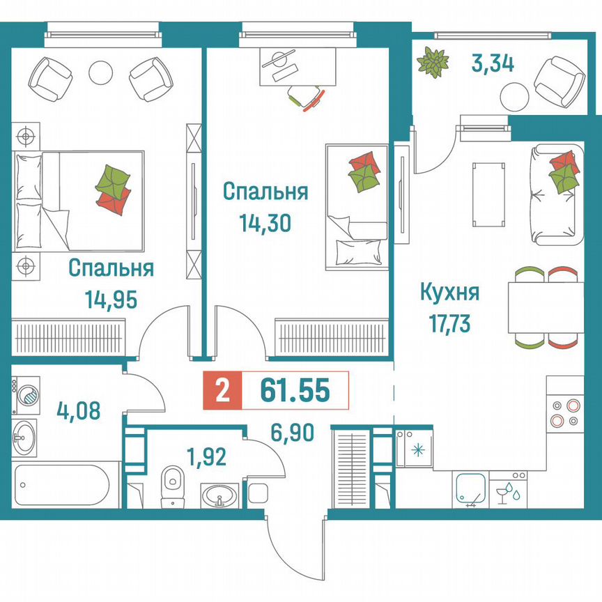 2-к. квартира, 61,6 м², 3/18 эт.