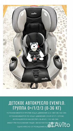 Детское автокресло Evenflo. Гр. 0+/1/2/3 (0-36 кг)