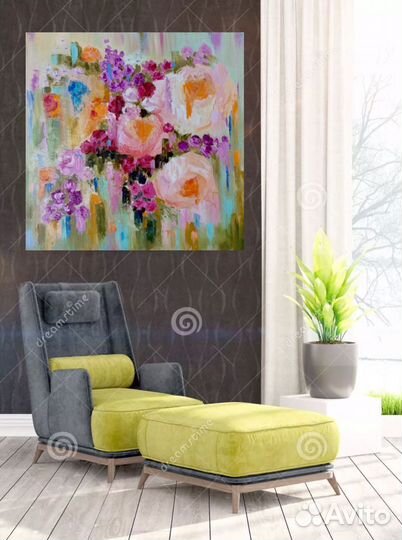 Интерьерная картина с цветами масло холст 60х60 см