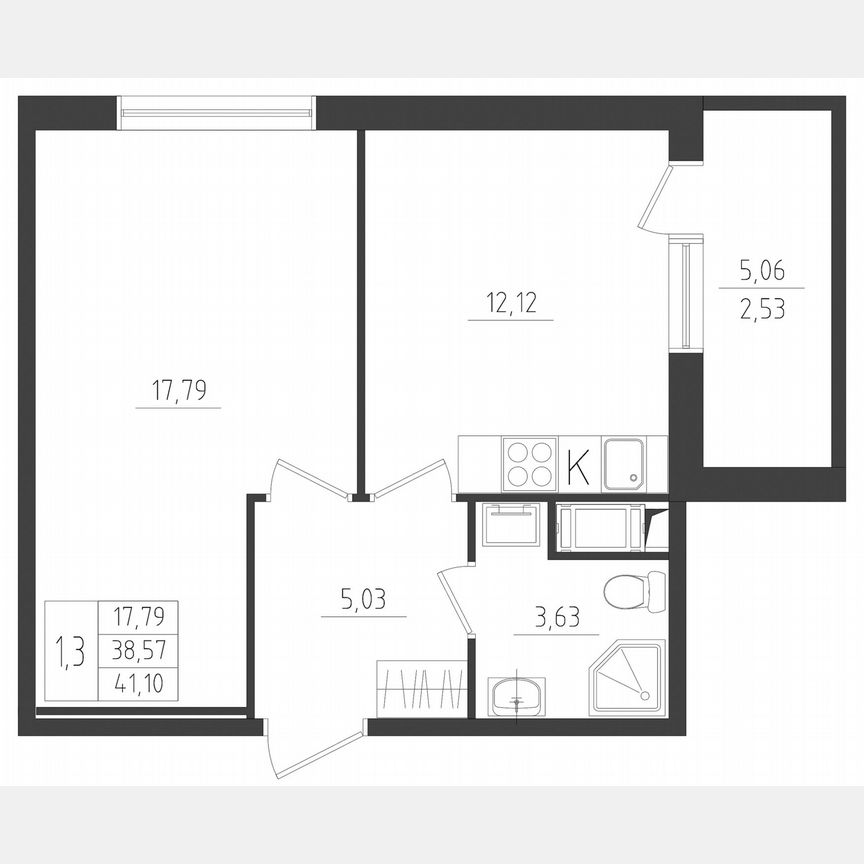 1-к. квартира, 41,1 м², 4/8 эт.