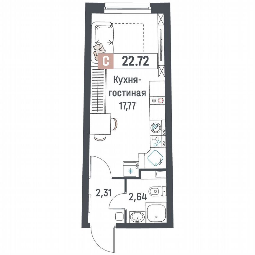 Квартира-студия, 22,7 м², 2/18 эт.