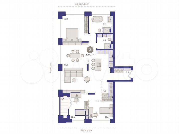 3-к. квартира, 120,2 м², 3/8 эт.