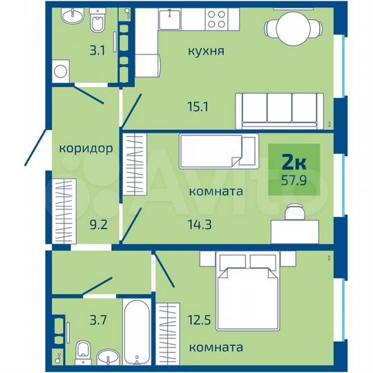 2-к. квартира, 57,9 м², 2/10 эт.