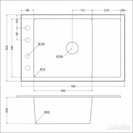 Кварцевая мойка emar EMQ-1780.Q Оникс