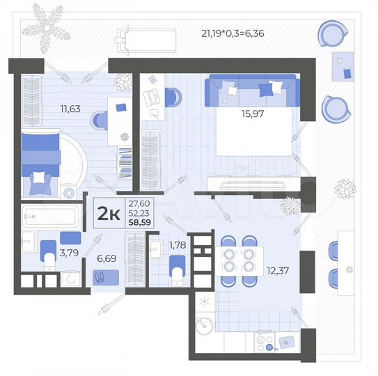2-к. квартира, 58,6 м², 2/14 эт.