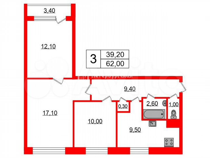 3-к. квартира, 62 м², 3/9 эт.