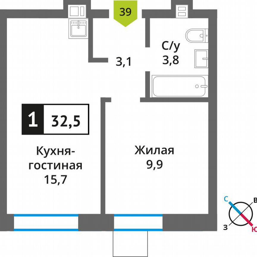 1-к. квартира, 32,5 м², 7/9 эт.