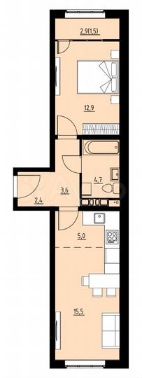2-к. квартира, 45,6 м², 1/4 эт.