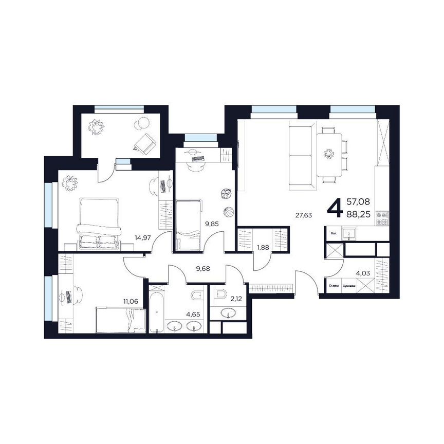 4-к. квартира, 88,3 м², 4/12 эт.