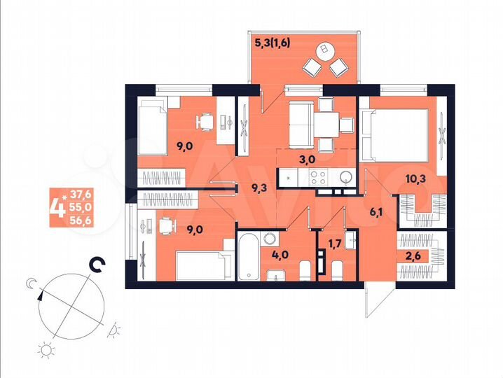 4-к. квартира, 56,6 м², 4/9 эт.