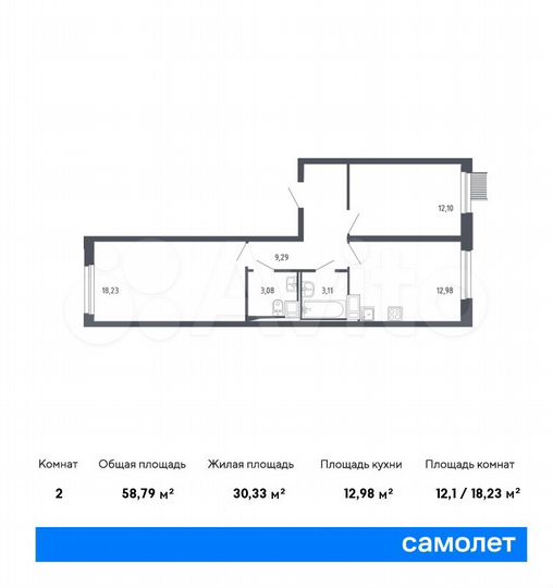 2-к. квартира, 58,8 м², 6/17 эт.